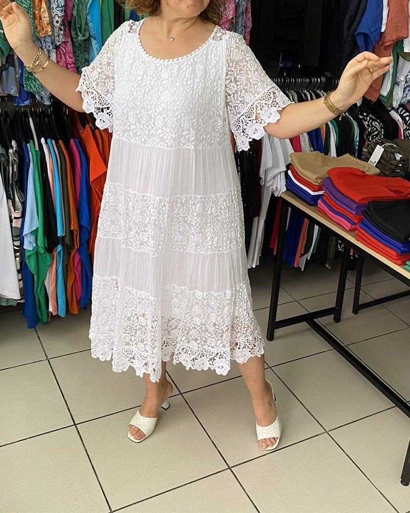 Vestido Donna ™ / Renda Com Manga Curta e Gola Redonda