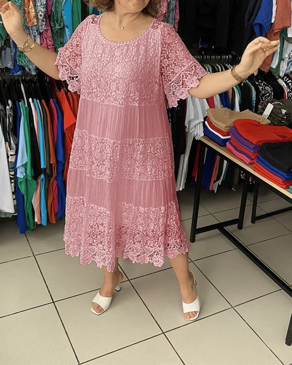 Vestido Donna ™ / Renda Com Manga Curta e Gola Redonda
