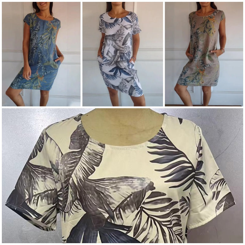 Vestido Botanico em Linho Puro / Gola Redonda