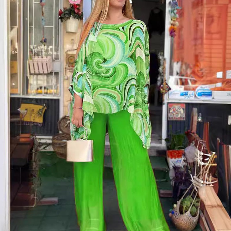 Conjunto Aurelia - Camisa Esampada + Calça em Chiffon / Duas peças Com Toque de Elegância