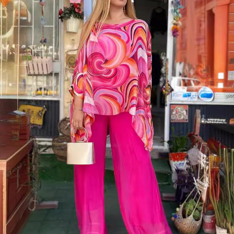 Conjunto Aurelia - Camisa Esampada + Calça em Chiffon / Duas peças Com Toque de Elegância