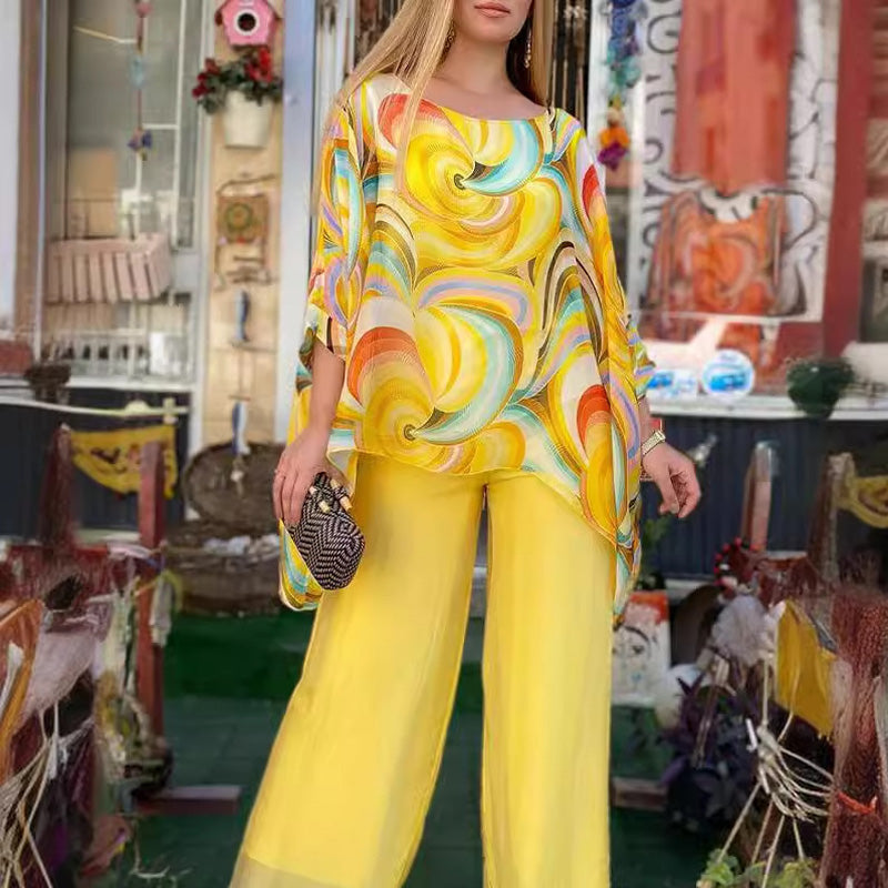 Conjunto Aurelia - Camisa Esampada + Calça em Chiffon / Duas peças Com Toque de Elegância