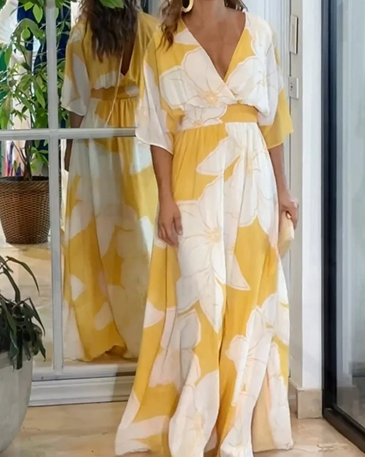 Vestido de festa floral contrastante