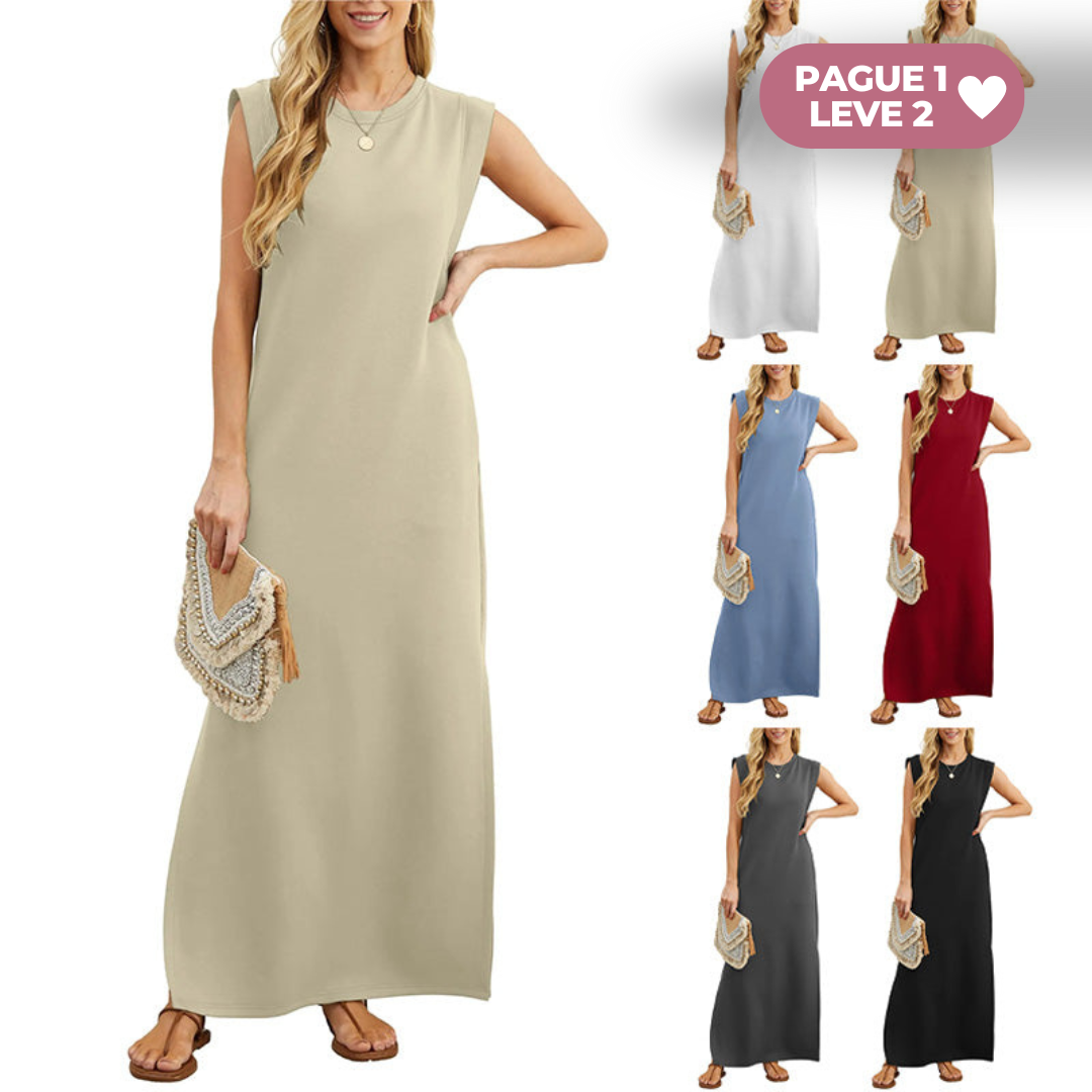 Vestido Florenza™ / Longo Solto com Fenda e Sem Amassados