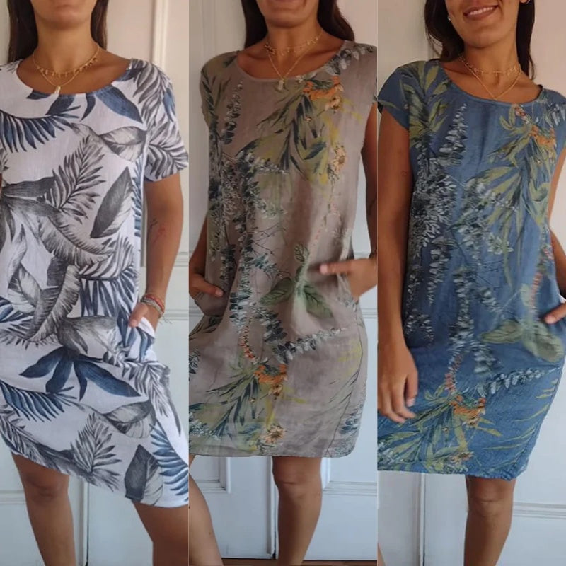 Vestido Botanico em Linho Puro / Gola Redonda
