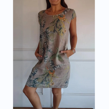 Vestido Botanico em Linho Puro / Gola Redonda