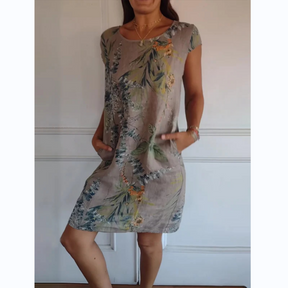 Vestido Botanico em Linho Puro / Gola Redonda