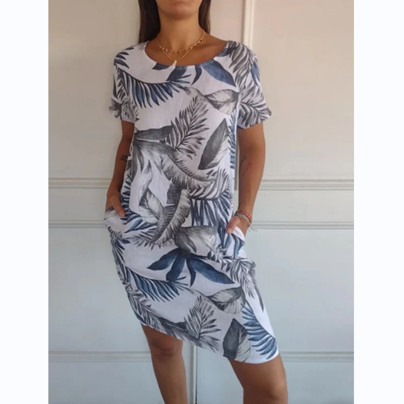 Vestido Botanico em Linho Puro / Gola Redonda
