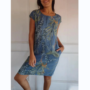 Vestido Botanico em Linho Puro / Gola Redonda