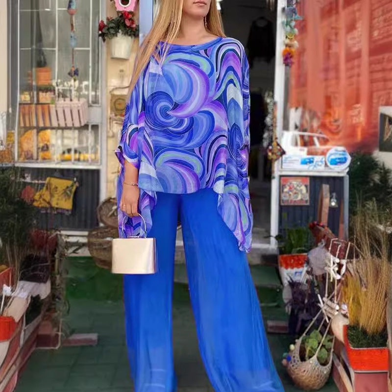 Conjunto Aurelia - Camisa Esampada + Calça em Chiffon / Duas peças Com Toque de Elegância